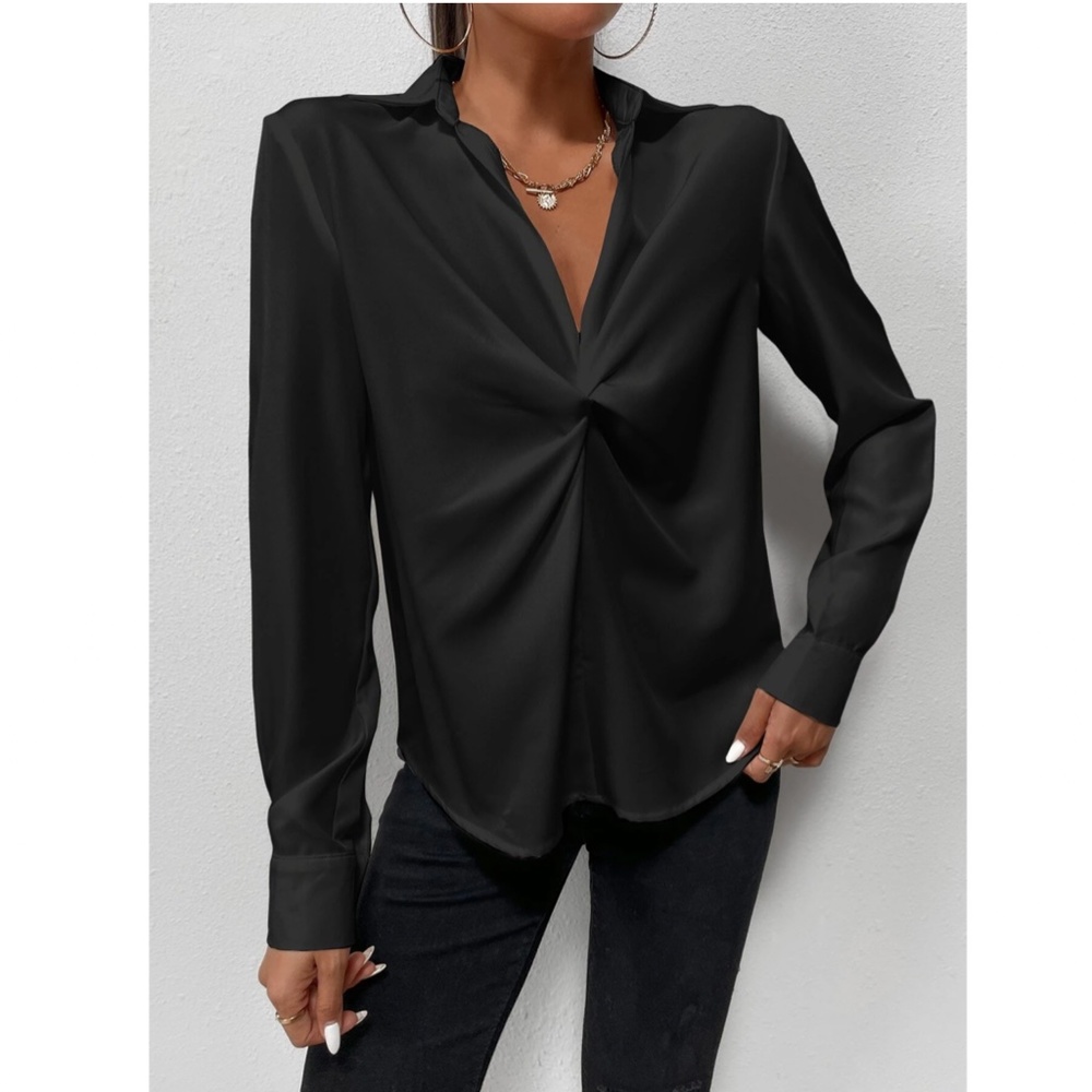Twist Front Black Office Shirt Long Sleeve Collar Neckline V-Neck - Picture 3 of 8